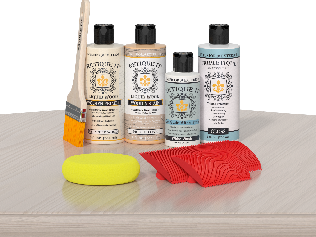 Sun-bleached Wood'n Finish Kit by Retique It® for interior wood projects, shown on a table with wood top coat application.