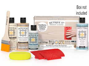 Retique It® Wood'n Finish Kit in box with natural wood finish, includes sample swatches and application tools.