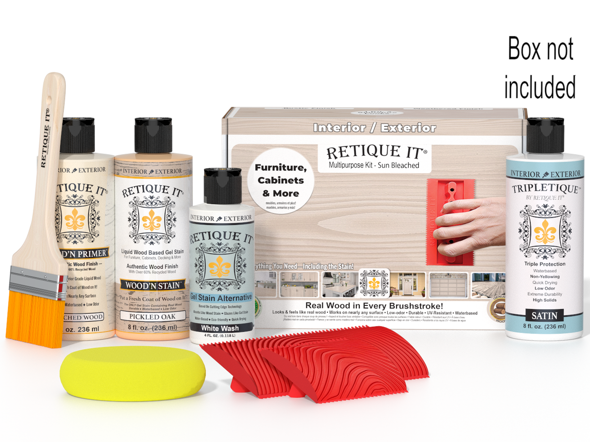 Retique It Wood'n Finish Kit in box containing wood stain and finishing supplies, designed for furniture and wood projects.