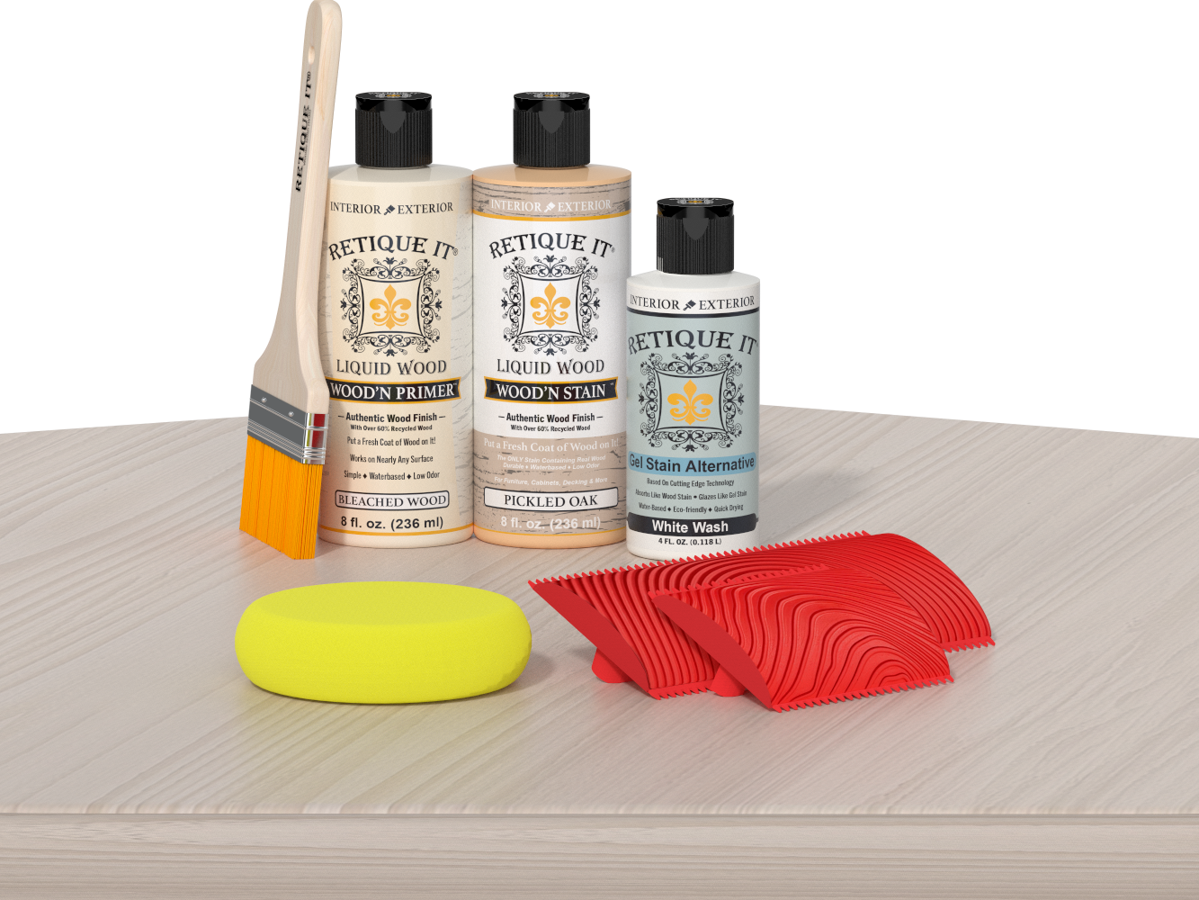 Retique It® Wood'n Finish Kit in Sun Bleached, showing wood mantel surface with light, sun-bleached wood finish and natural grain details.