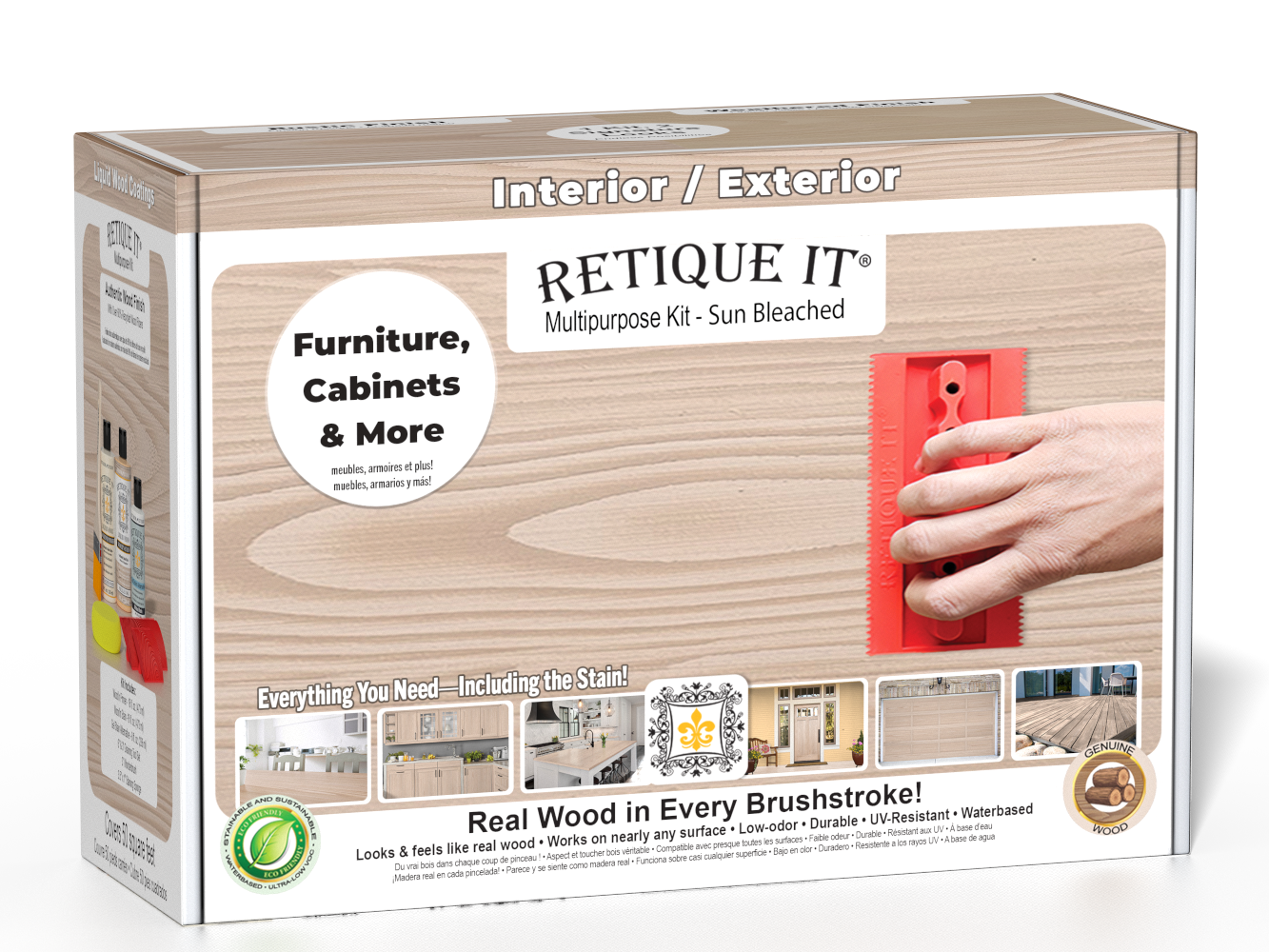 Retique It® Sun Bleached Multipurpose Kit retail box featuring a Sun Bleached wood finish, red graining tool demonstration, and furniture, cabinets & more project imagery.
