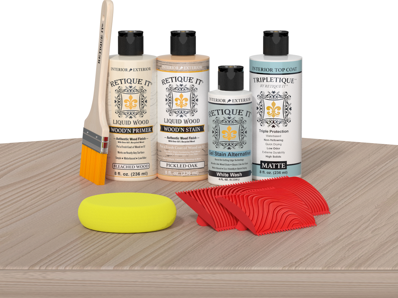 Retique It® Sunbleached Wood'n Kit with Bleached Wood Primer, Pickled Oak Wood'n Stain, Matte TripleTique Top Coat, White Wash Gel Stain Alternative, yellow sponge, red graining tool, and brush.