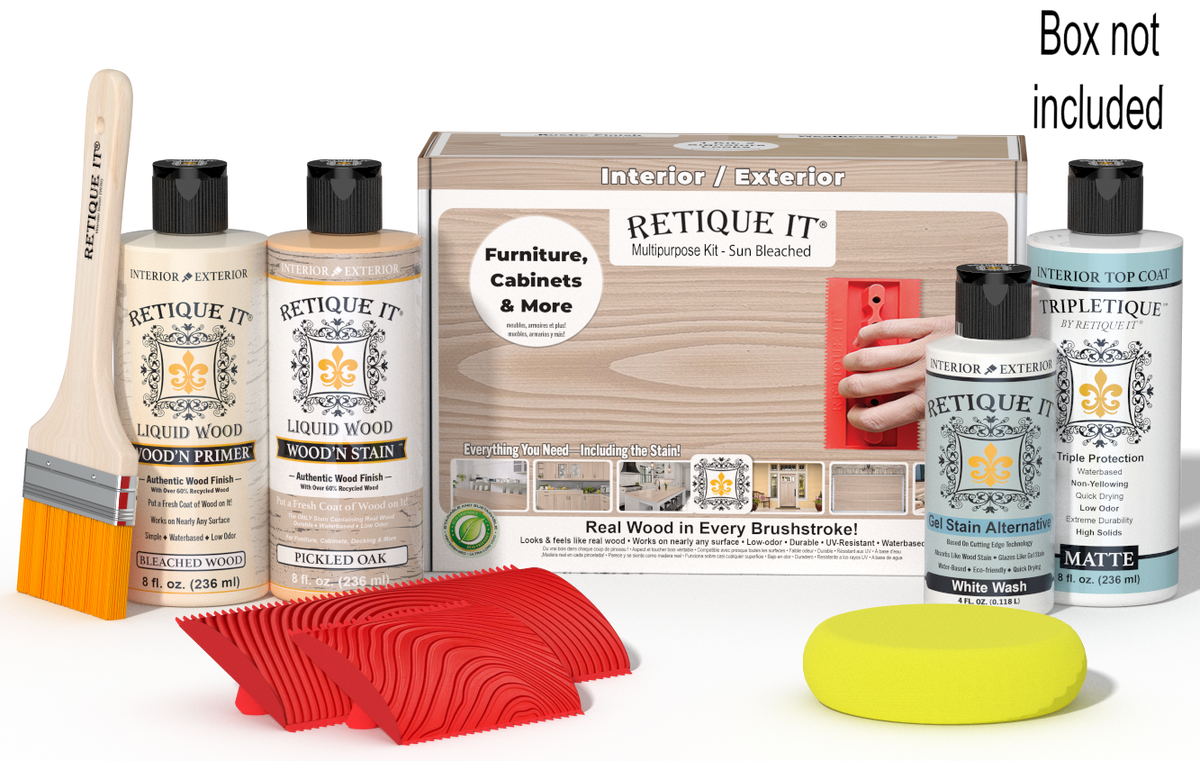 Retique It® Sun Bleached Multipurpose Kit with Bleached Wood primer, Pickled Oak stain, White Wash gel stain alternative, Matte Tripletique® Top Coat, brush, red graining tool, yellow sponge, and product box.