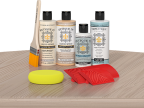 Retique It® Sun Bleached Wood'n Kit with Bleached Wood primer, Pickled Oak stain, White Wash gel stain alternative, Satin Tripletique® Top Coat, brush, red graining tool, and yellow sponge.