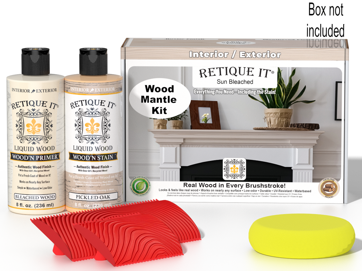 Retique It® Wood'n Finish Kit Sun Bleached for fireplace mantels, includes wood finish and tools for a sun-bleached look.