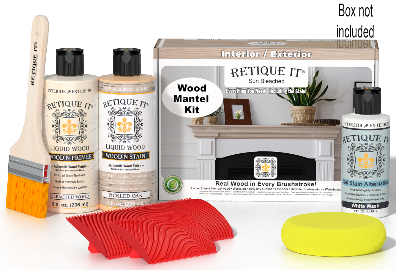 Retique It® Wood'n Finish Kit in Sun Bleached for fireplace mantels, showing wood finish application on a wooden mantel.