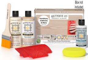 Retique It® Wood'n Finish Kit in Sun Bleached, multi-purpose wood finishing set with applicator tools and instructions visible.