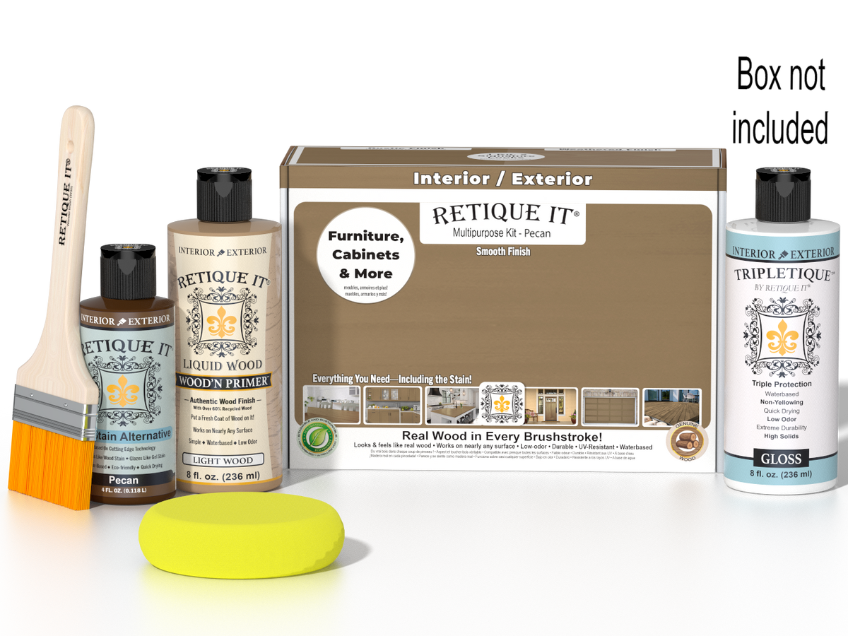 Retique It Multi-purpose Smooth Finish Kit in Pecan for interior wood projects, includes top coat and application tools.