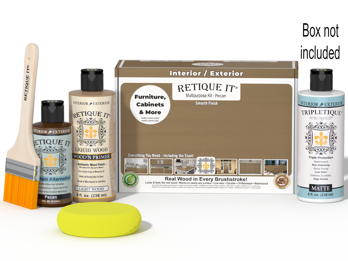 Retique It® Multi-purpose Smooth Finish Kit in Pecan for interior wood top coating, includes applicator tools and finish components.