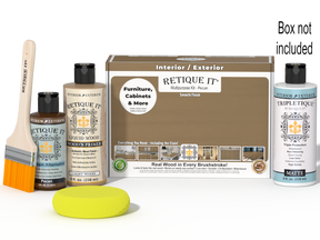 Retique It® Multi-purpose Smooth Finish Kit in Pecan for interior wood top coating, includes applicator tools and finish components.