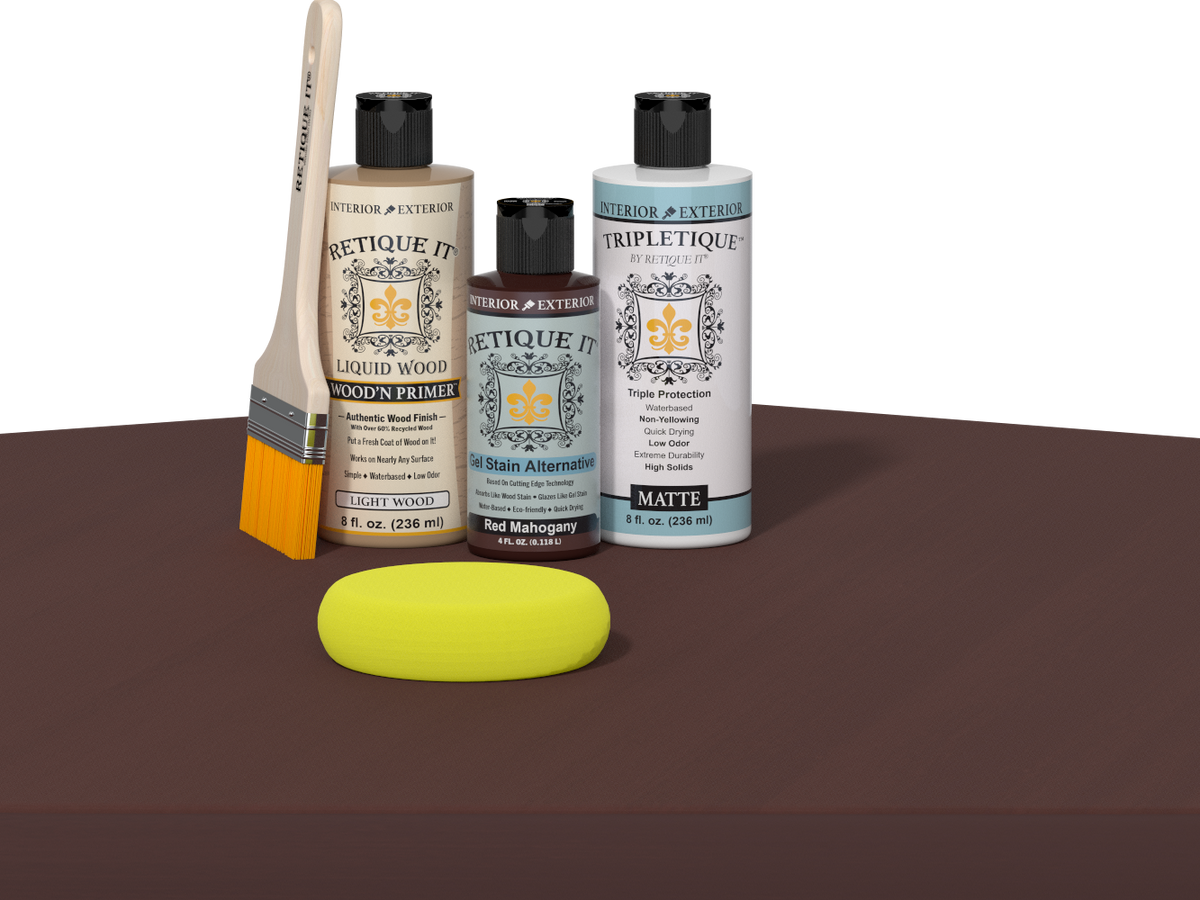 Retique It refinishing kit with Light Wood primer, Red Mahogany gel stain alternative, matte Tripletique topcoat, a brush and yellow sponge.