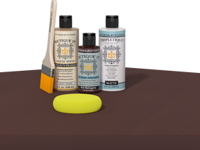 Retique It refinishing kit with Light Wood primer, Red Mahogany gel stain alternative, matte Tripletique topcoat, a brush and yellow sponge.