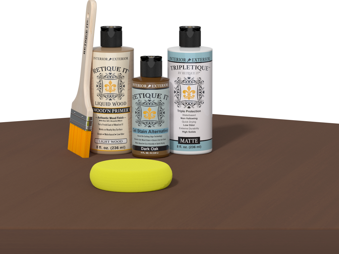 Retique It refinishing kit with Light Wood primer, Dark Oak gel stain alternative, matte Tripletique topcoat, a brush and yellow sponge.