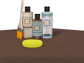 Retique It refinishing kit with Light Wood primer, Dark Oak gel stain alternative, matte Tripletique topcoat, a brush and yellow sponge.