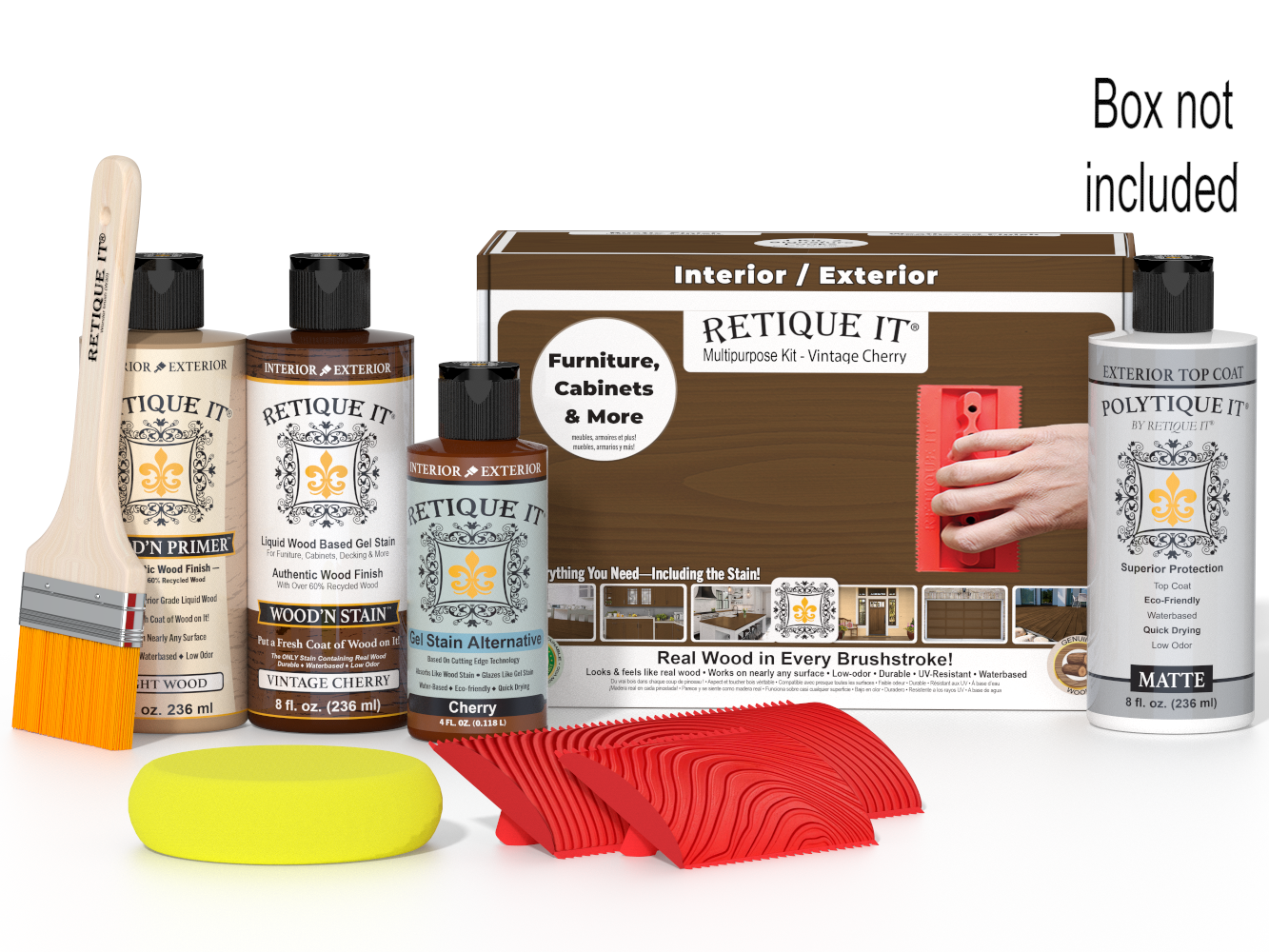 Retique It Wood'n Finish Kit in Vintage Cherry for exterior wood projects, showing the kit box and application tools.