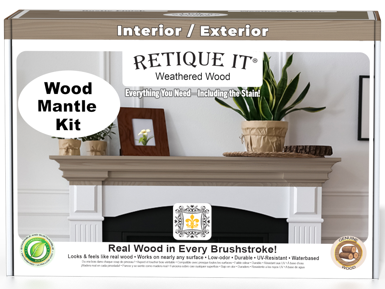 Weathered wood stain kit by Retique It® for fireplace mantels, showing a wood-textured finish on a mantel in natural lighting.