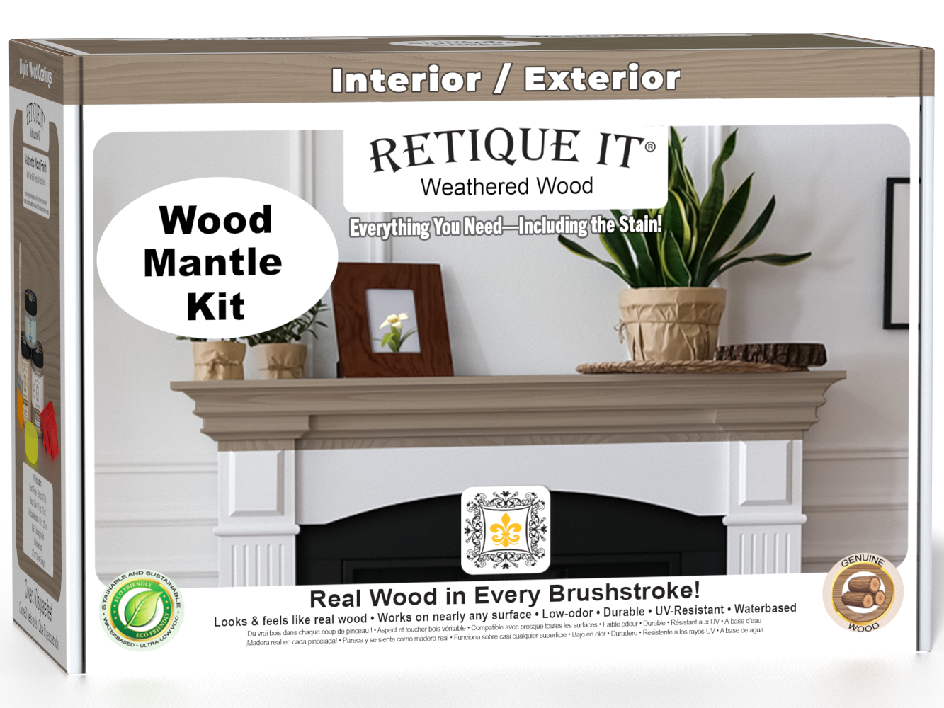 Retique It® Weathered Wood Fireplace Mantel Wood'n Finish Kit showing stain application on a wooden mantel in a 3D box image.