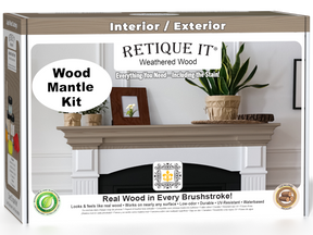 Retique It® Weathered Wood Fireplace Mantel Wood'n Finish Kit showing stain application on a wooden mantel in a 3D box image.
