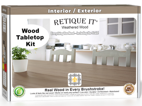 Retique It Weathered Wood tabletop wood finish kit with stain bottles and applicators, designed for wood furniture projects.