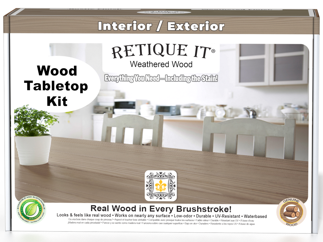 Retique It® Wood'n Finish Kit in Weathered Wood stain, featuring a box with stain bottles and application tools for wood finishing.