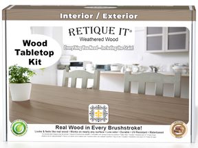 Retique It® Wood'n Finish Kit in Weathered Wood stain, featuring a box with stain bottles and application tools for wood finishing.