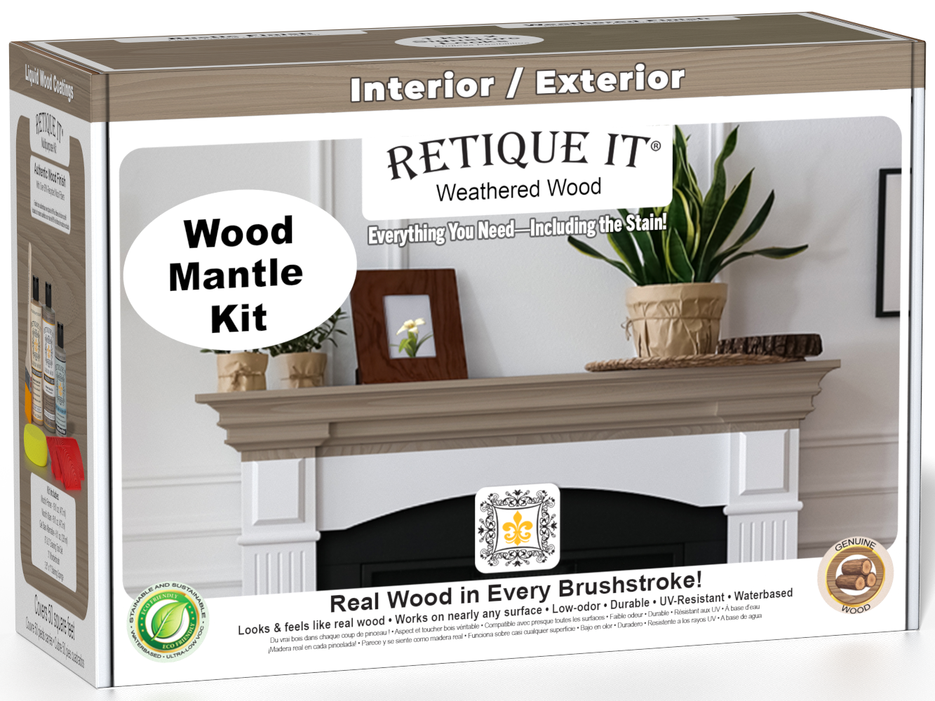 Retique It® Weathered Wood Fireplace Mantel Wood'n Finish Kit stain, showing weathered wood finish on a fireplace mantel.