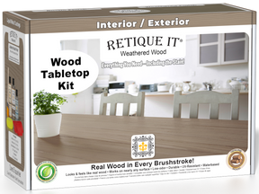 Retique It® Wood'n Finish Kit in Weathered Wood stain, featuring a box with stain bottles and applicator tools.