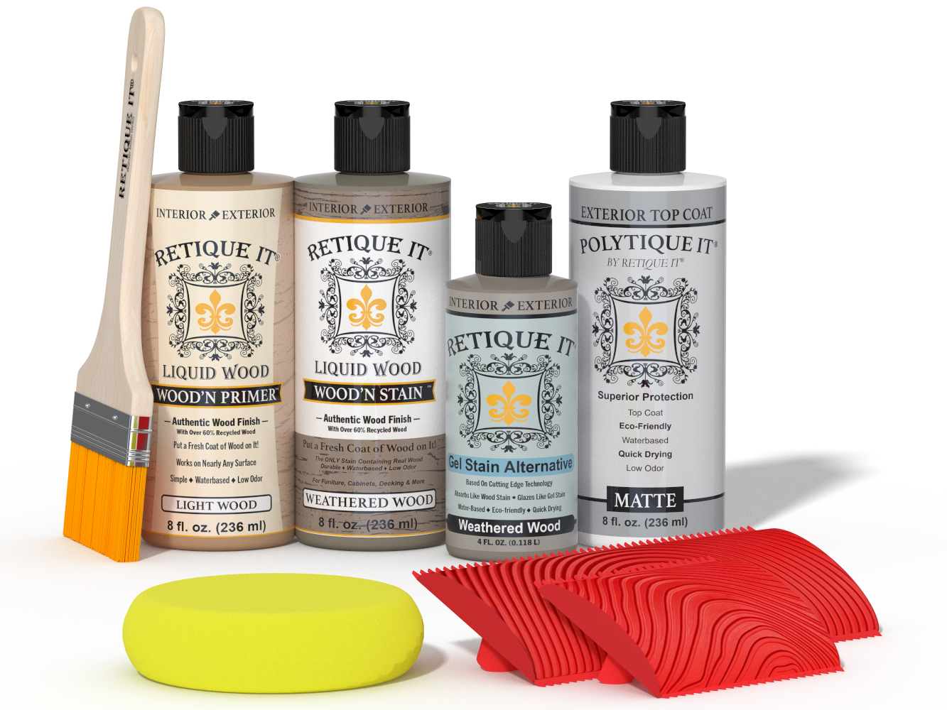 Retique It® Wood'n Finish Kit in Weathered Wood for exterior projects, featuring paint and top coat in multi-purpose wood finishing set.