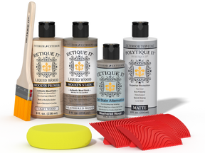 Retique It® Wood'n Finish Kit in Weathered Wood for exterior projects, featuring paint and top coat in multi-purpose wood finishing set.