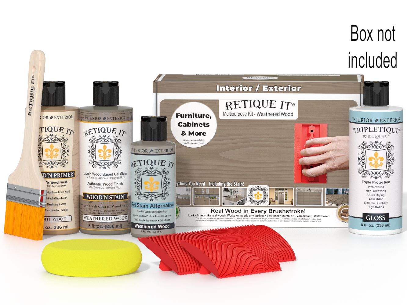 Retique It® Wood'n Kit in Weathered Wood finish, interior top coat with brushes and accessories for wood furniture finishing.