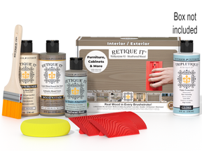 Retique It® Wood'n Kit in Weathered Wood finish, interior top coat with brushes and accessories for wood furniture finishing.