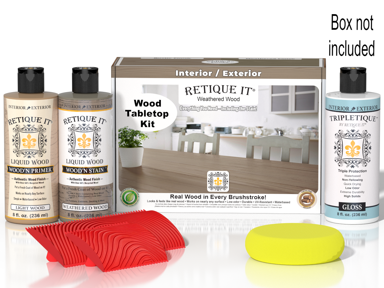 Retique It® Weathered Wood stain kit for tabletops, featuring wood finish in a weathered, rustic appearance with application tools.