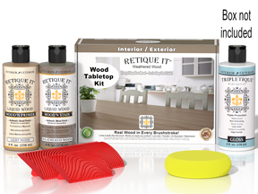 Retique It® Weathered Wood stain kit for tabletops, featuring wood finish in a weathered, rustic appearance with application tools.