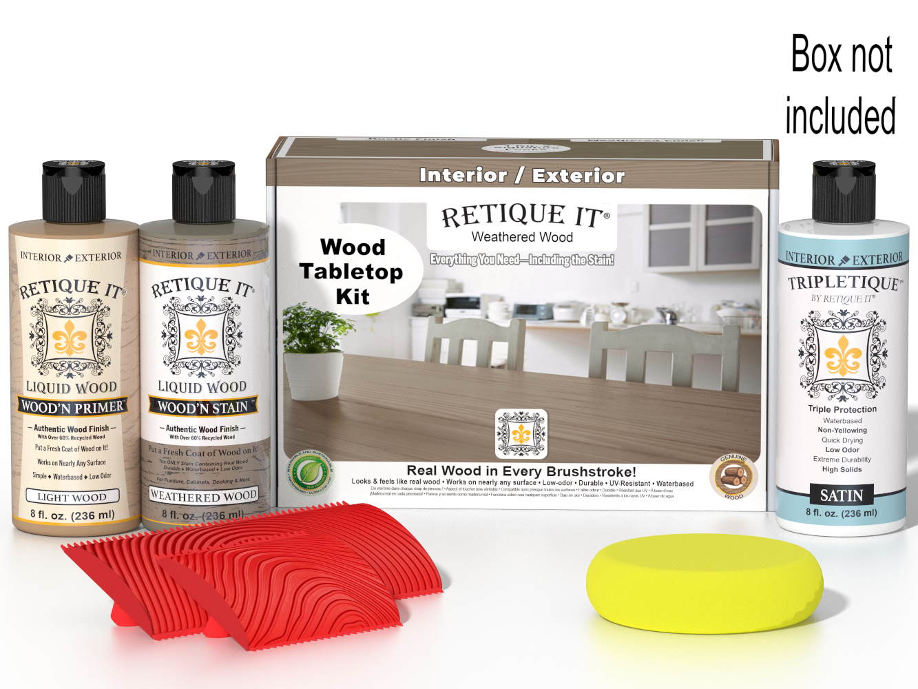 Retique It® Weathered Wood Tabletop Wood'n Finish Kit displaying stain bottles and applicator on a wooden surface.