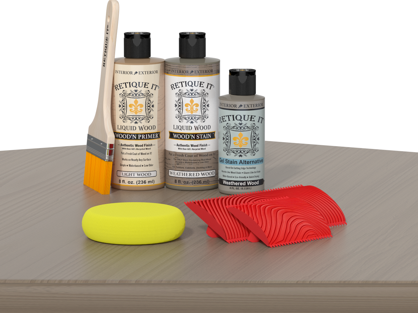 Retique It® Weathered Wood Fireplace Mantel Wood'n Finish Kit stain swatch showing weathered wood tone on sample wood piece