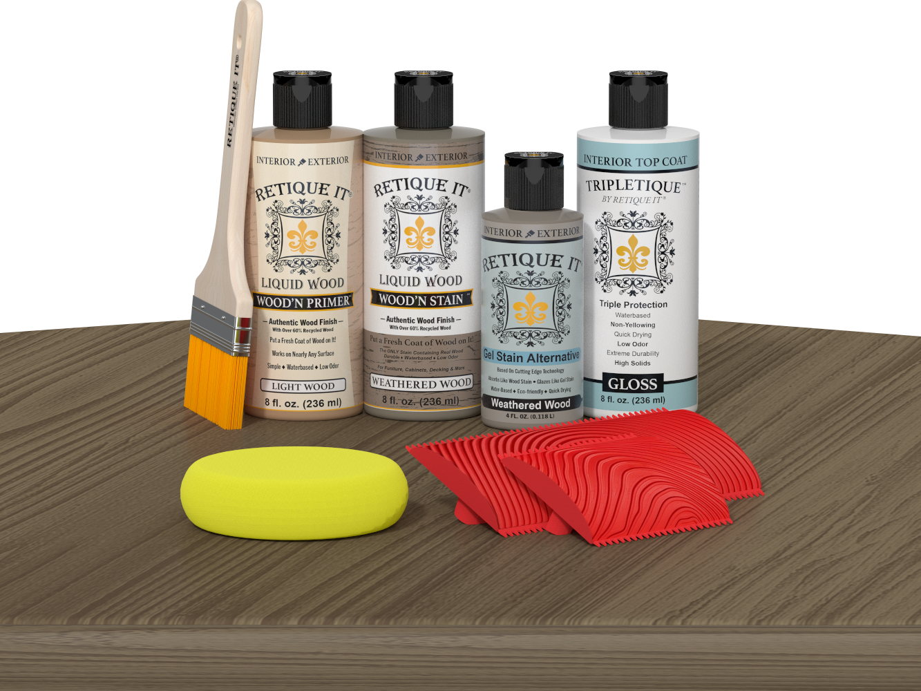Retique It® Weathered Wood Wood'n Kit with Light Wood primer, Weathered Wood stain, Weathered Wood gel stain alternative, Gloss Tripletique® Top Coat, brush, red graining tool, and yellow sponge.