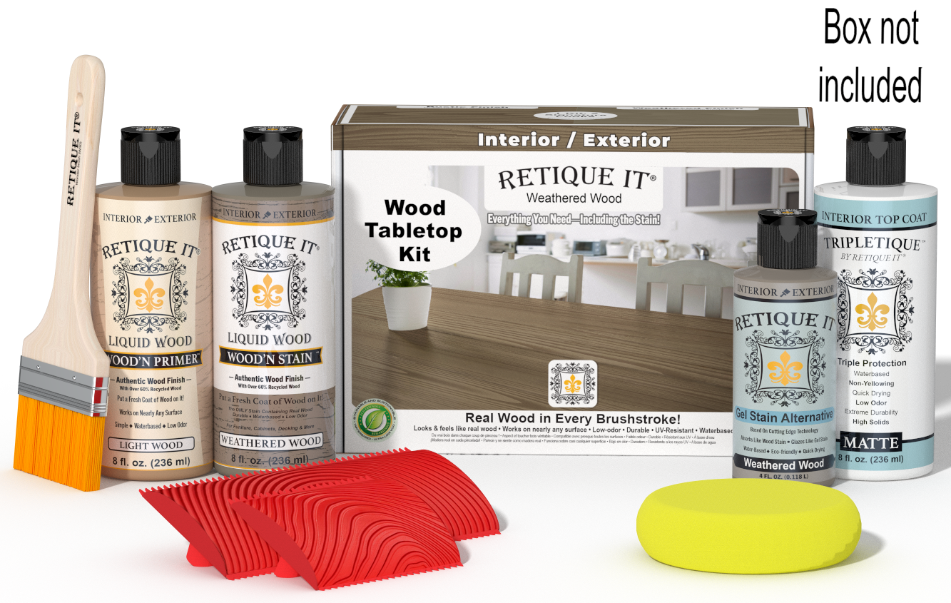 Retique It® Weathered Wood Wood Tabletop Kit with Light Wood primer, Weathered Wood stain, Weathered Wood gel stain alternative, Matte Tripletique® Top Coat, brush, red graining tool, yellow sponge, and product box.