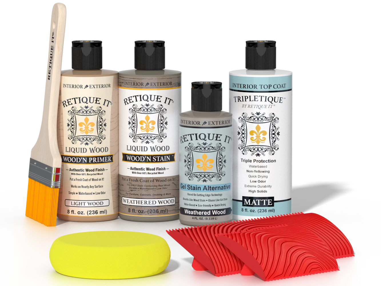 Retique It® Weathered Wood Wood'n Kit with Light Wood primer, Weathered Wood stain, Weathered Wood gel stain alternative, Matte Tripletique® Top Coat, brush, red graining tool, and yellow sponge.