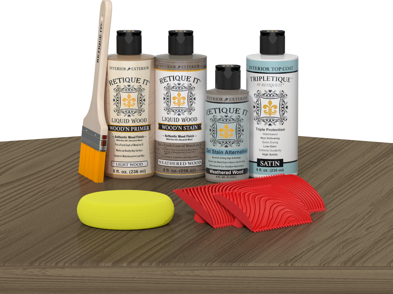 Retique It® Weathered Wood Wood'n Kit with Satin TripleTique® includes a brush, Light Wood primer, Weathered Wood stain, Weathered Wood Gel Stain Alternative, Satin TripleTique® top coat, a yellow sponge, and a red graining tool.