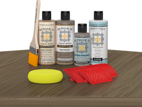 Retique It® Weathered Wood Wood'n Kit with Satin TripleTique® includes a brush, Light Wood primer, Weathered Wood stain, Weathered Wood Gel Stain Alternative, Satin TripleTique® top coat, a yellow sponge, and a red graining tool.
