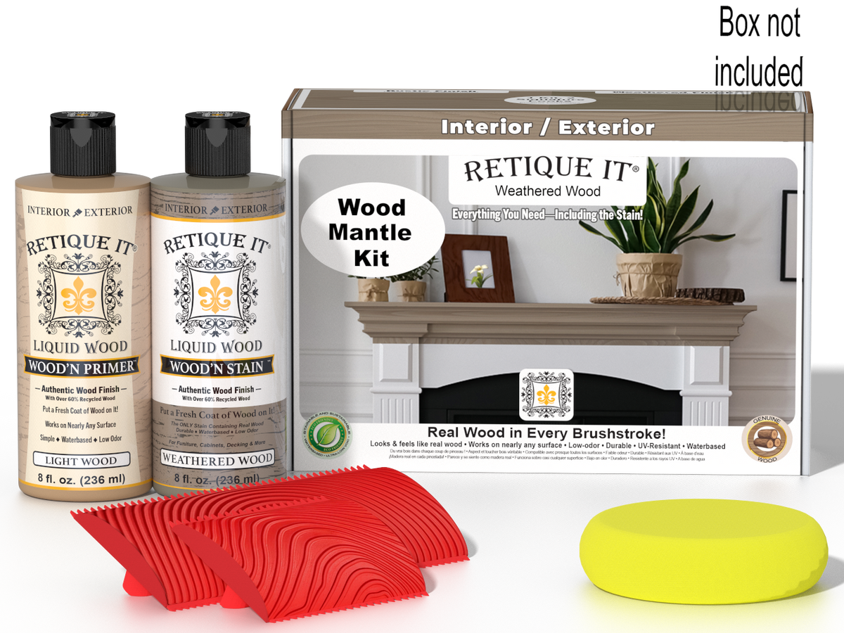 Retique It® Weathered Wood fireplace mantel wood finish kit with stains, showing a weathered wood look on a mantel.