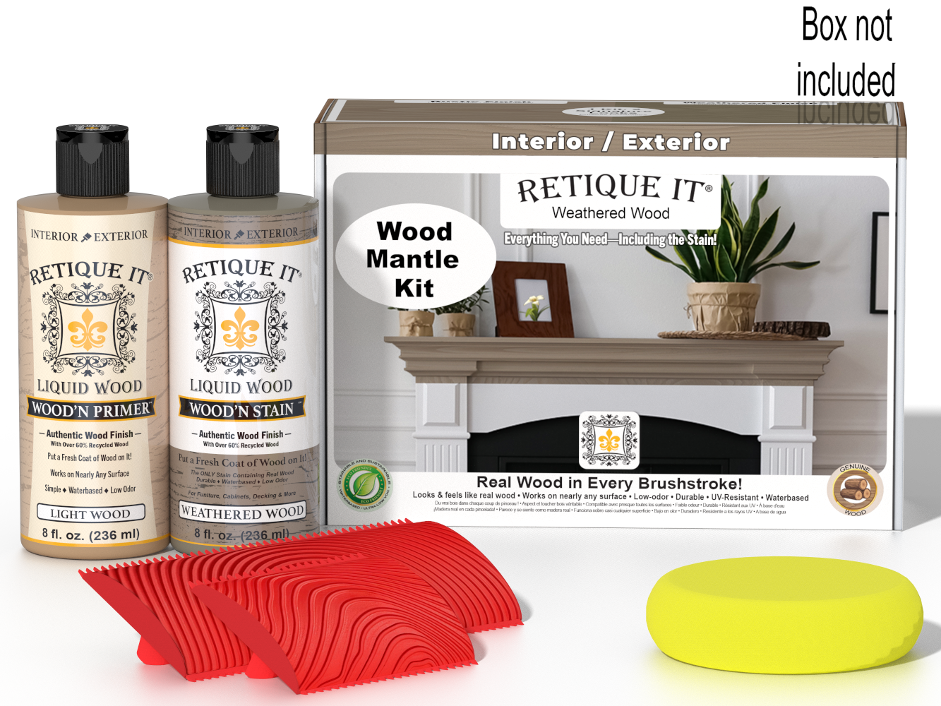 Retique It® Weathered Wood fireplace mantel wood finish kit with stains, showing a weathered wood look on a mantel.
