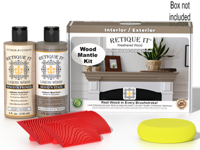 Retique It® Weathered Wood fireplace mantel wood finish kit with stains, showing a weathered wood look on a mantel.