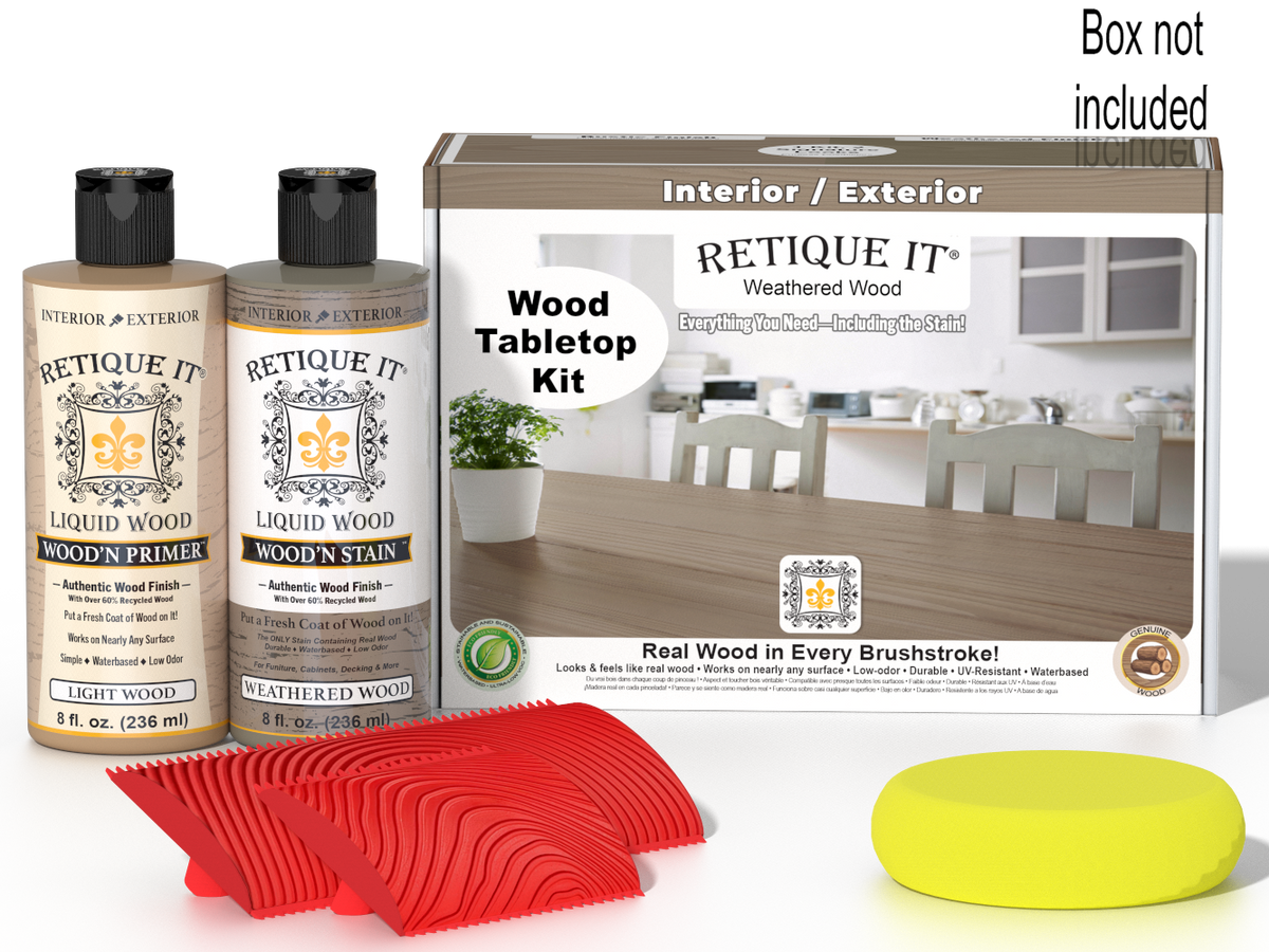 Retique It® Wood'n Finish Kit in Weathered Wood stain, featuring wood stain bottles and applicator for tabletop finishing.