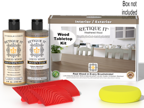 Retique It® Wood'n Finish Kit in Weathered Wood stain, featuring wood stain bottles and applicator for tabletop finishing.