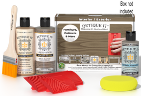 Retique It® Weathered Wood Multi-purpose Wood'n Finish Kit with weathered wood-colored components and application tools.