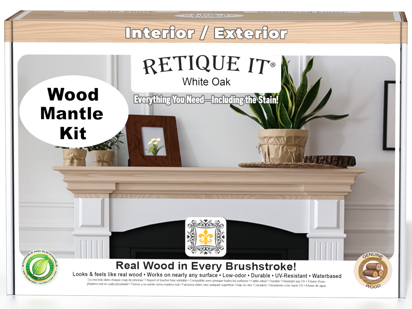 Retique It® Wood'n Finish Kit in White Oak stain for fireplace mantels, shown on a 3D front view of a wood mantel.