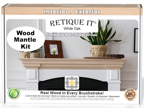 Retique It® Wood'n Finish Kit in White Oak stain for fireplace mantels, shown on a 3D front view of a wood mantel.