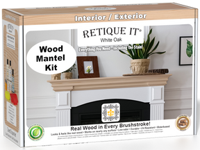 Retique It® Fireplace Mantel Wood'n Finish Kit in White Oak stain, showing the wood stain box and sample wood finish.