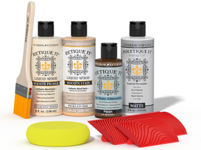 Retique It® Wood'n Finish Kit in White Oak with exterior top coat, featuring wood finish tools and supplies for wood treatment.